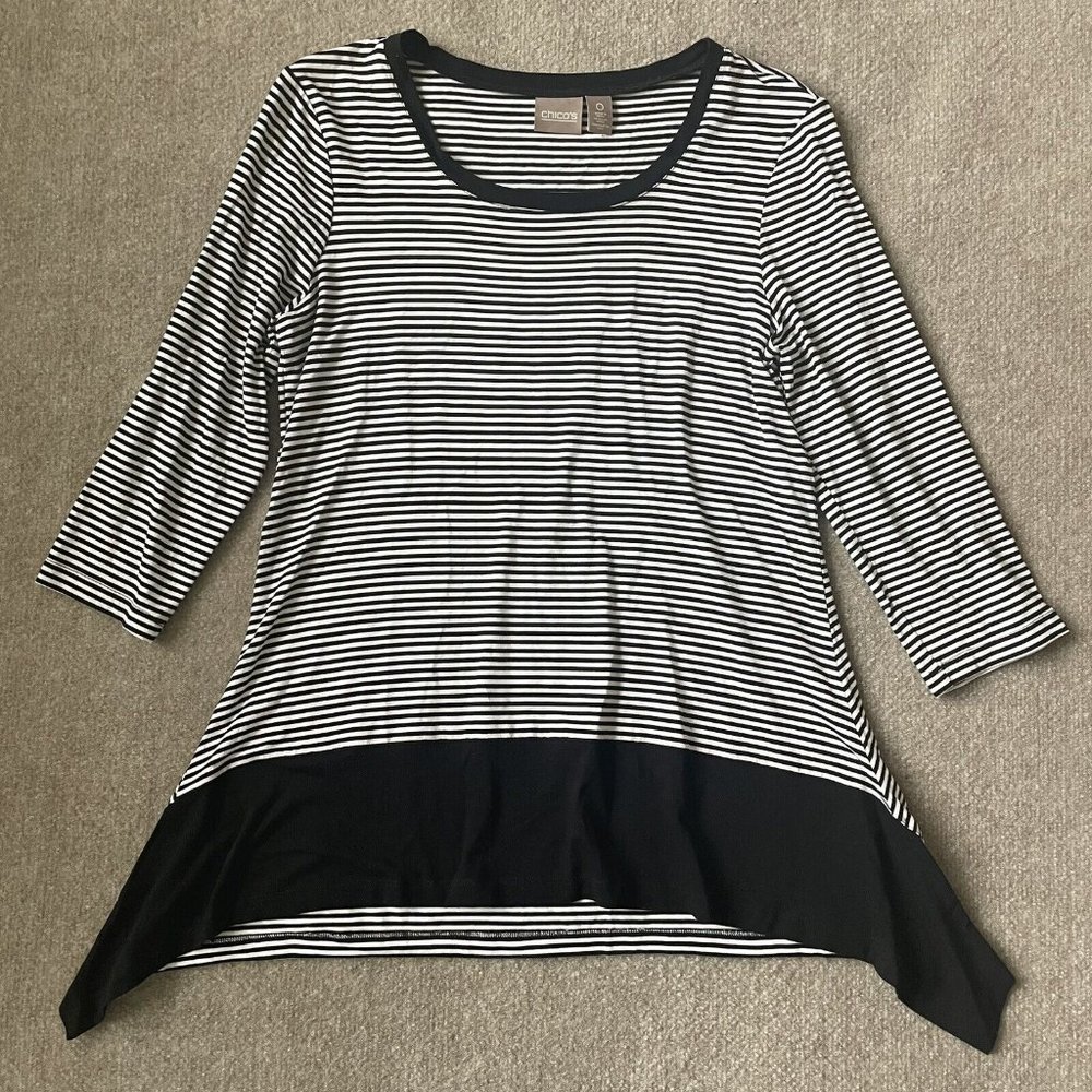 Chico's Shirt Womens 0 (Small) Black White Striped Tunic Handkerchief Hem Casual